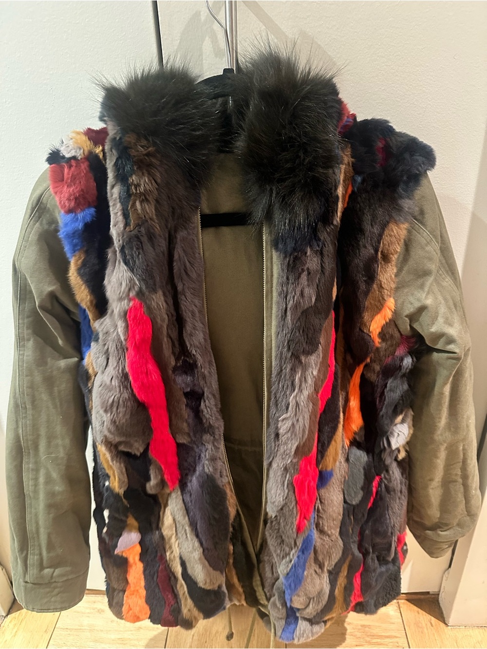 Aqua reversible multi color rabbit fur jacket